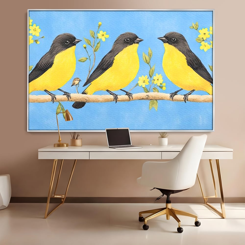 Tablou canvas cu tablou canvas cu trei pasari pe ramura, in rama de aluminiu argintiu, pe perete intr-un birou